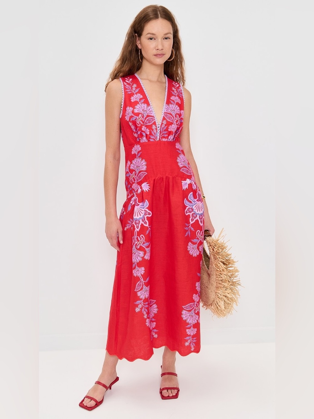 NWT Farm Rio Porcelain garden red linen midi dress - Picture 12 of 12